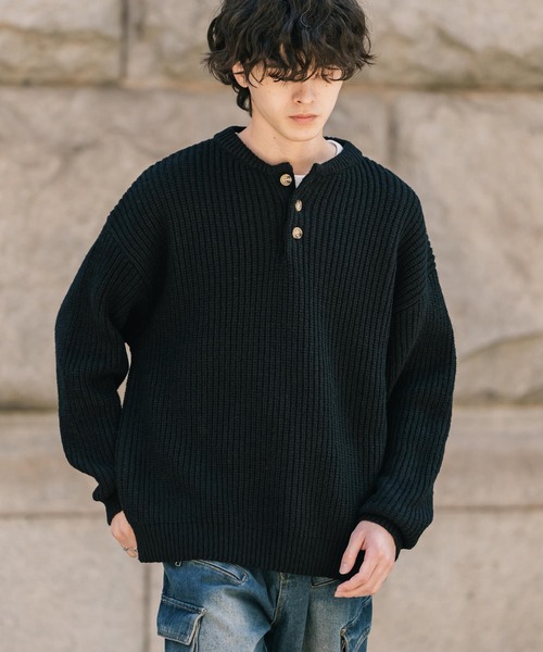 セール】新色追加 オーバーサイズ畦編みヘンリーネックニットセーター