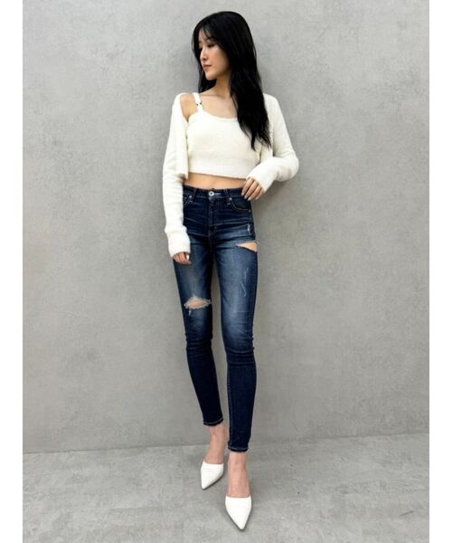 ミドルウエストサイドリップドスキニーデニムパンツ（デニムパンツ