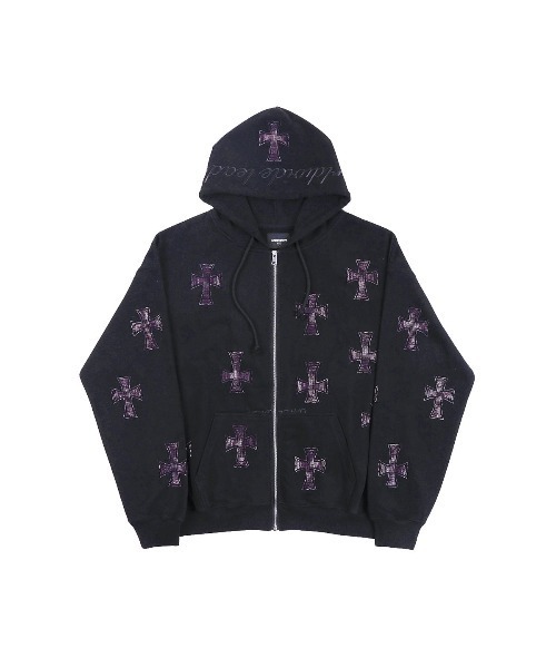 フーディー｜BLACKxPURPLE RHINESTONE CROSS ZIP HOODIE｜Unknown