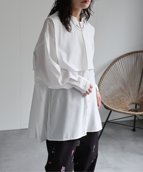 セール】【選べる】バックプリーツバンドカラーシャツ 襟付き（シャツ