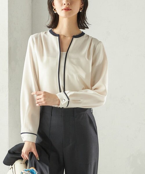 手洗い可能〉配色 パイピング キーネック 長袖ブラウス（シャツ