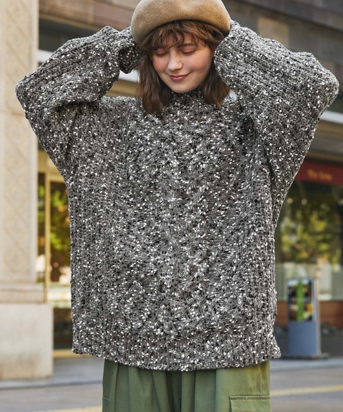 カラーネップニットケーブル編みハイネックプルオーバー（ニット