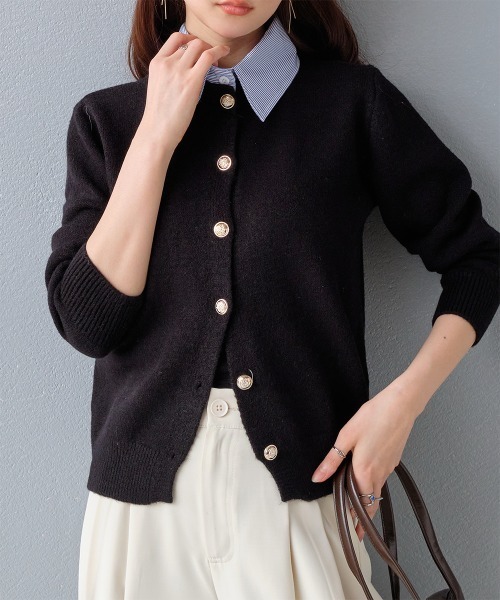 セール】異素材切り替え レイヤードシャツ衿ニットカーディガン