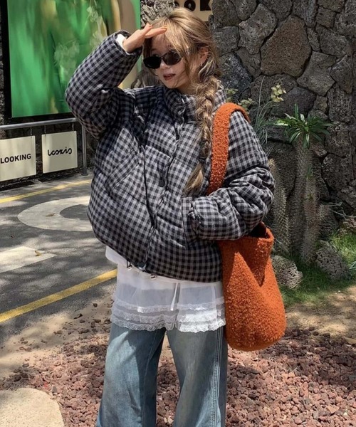 セール】ギンガムチェック 中綿ブルゾン/ジャケットコート（ダウン