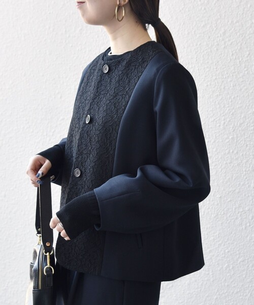 SHIPS any:〈手洗い可能〉ダブルクロス レース 切替 ノーカラー