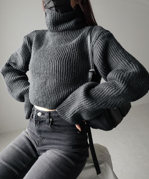 セール】【 2way 】 ロングタートルネックオーバーリブニット