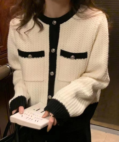 韓国っぽクラス感/デザイン釦】長袖エレガントツイード風ニット