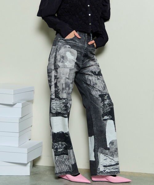 Patchwork Printed Denim Pants/パッチワークプリントデニム（デニム