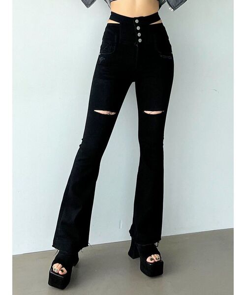 サイドオープンハイウエストフレアジーンズ（デニムパンツ）｜EMODA