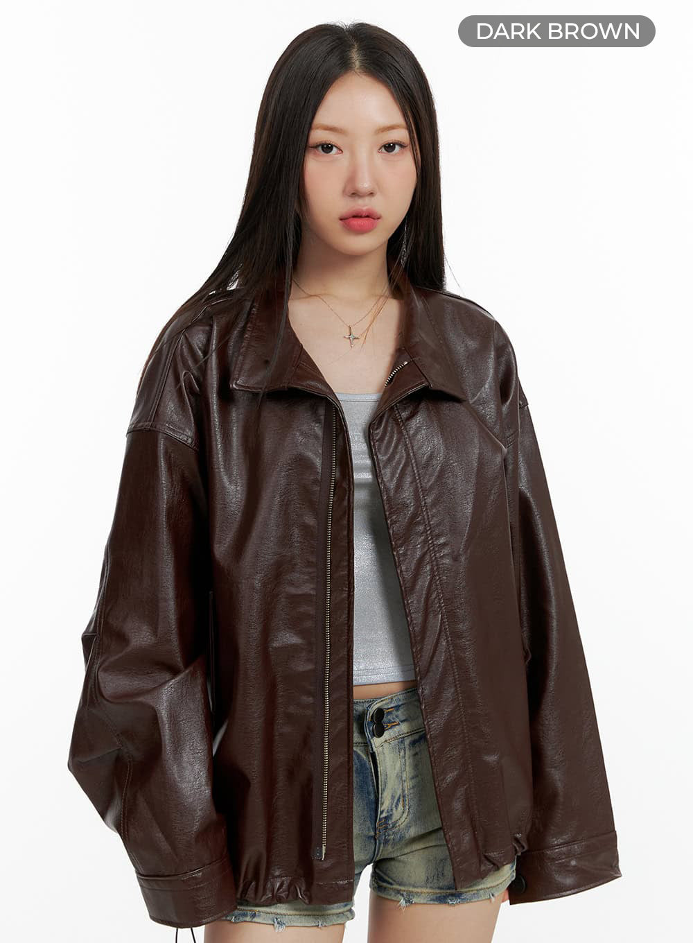 Oversize Zip-Up Faux Leather Jacket OL408 - Korean Women's Fashion