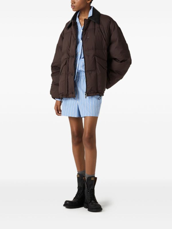 Miu Miu leather-collar Puffer Jacket | Brown | FARFETCH