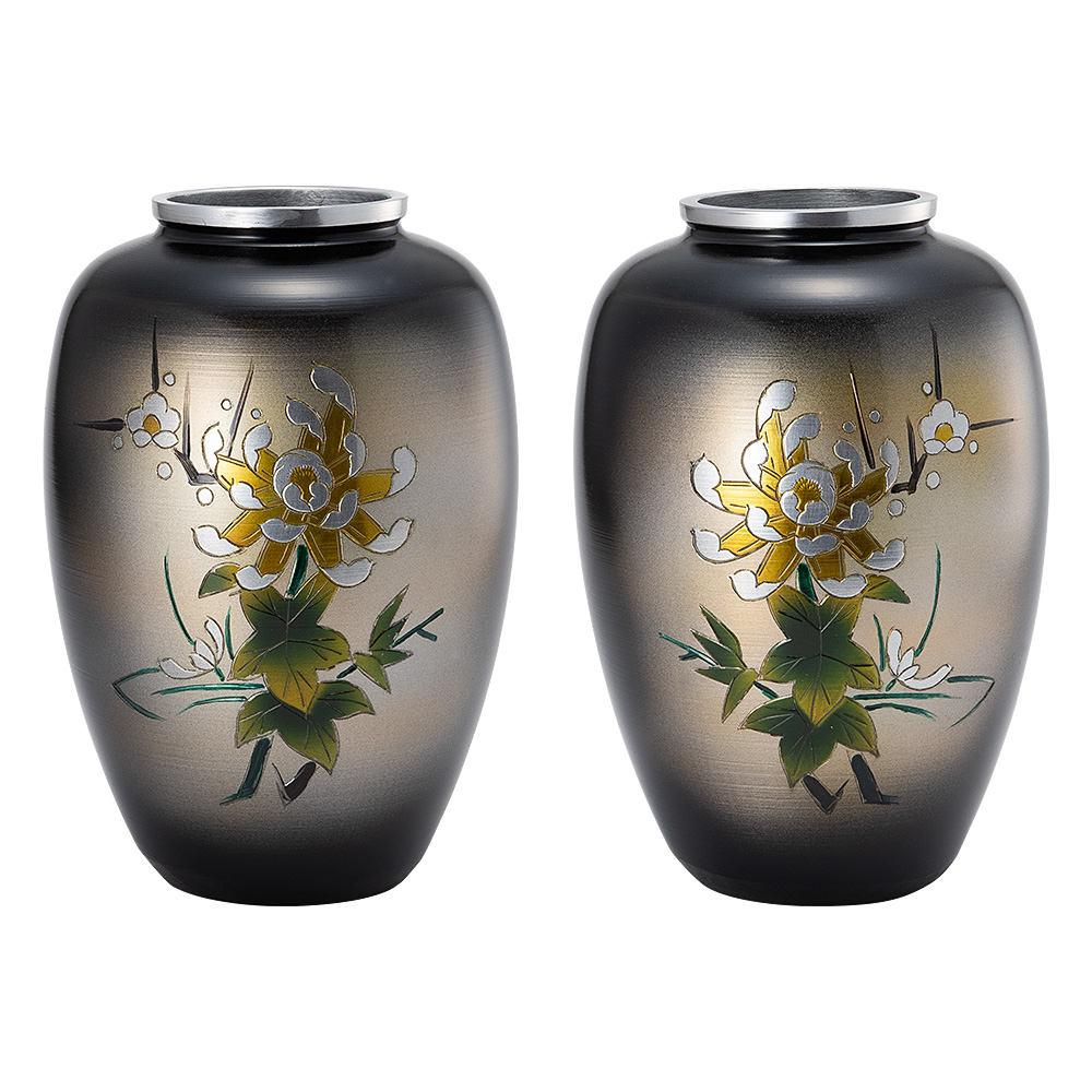 仏壇用花瓶・お盆用花瓶 アルミ製 太夏目型 菊四君子彫金入り (一対) 7