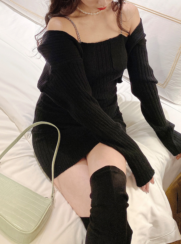 チェーンストラップワンピースXカーディガンニットセットアップ[ac2015