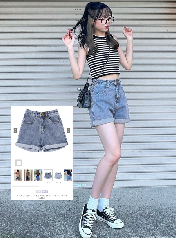 ロールアップヘムハイウエストデニムショートパンツ[at703