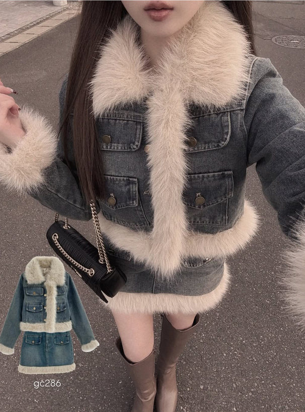 ショート丈ジャケット×ミニスカートファーデニムセットアップ[gc286