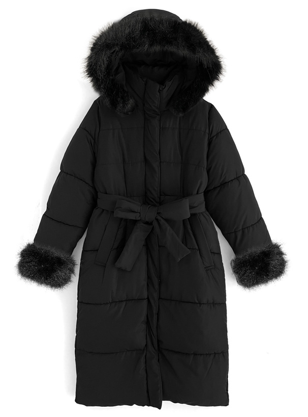 リボンベルト付きファーフードロングダウンコート[kd56] | レディース