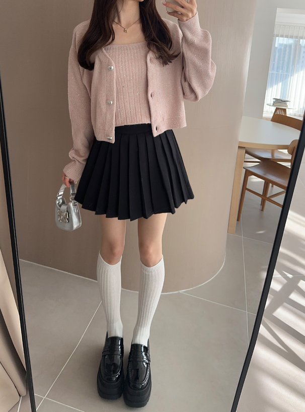 キャミソールxハートボタンカーディガンスパンコールニット