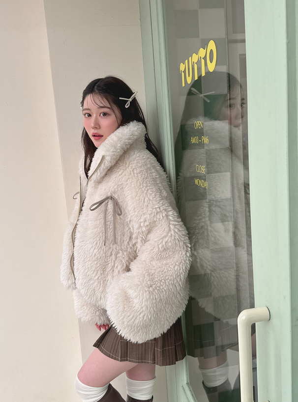 リボン付きボアショート丈ジャケット[on329] | レディースファッション