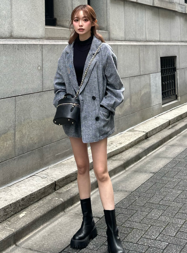 ヘリンボーンダブルジャケット×ショートパンツセットアップ[ta191