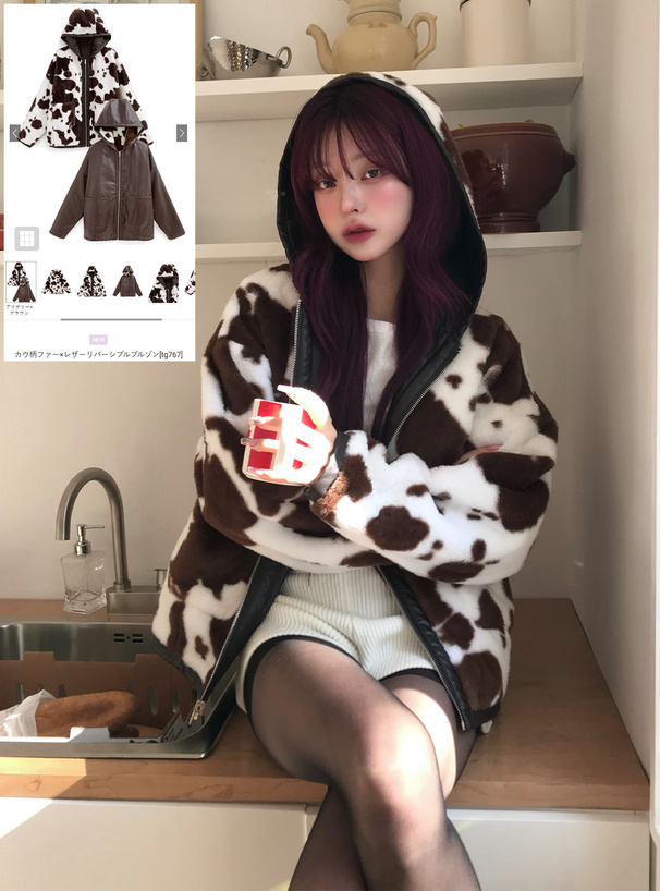 カウ柄ファー×レザーリバーシブルブルゾン[tg767] | レディース
