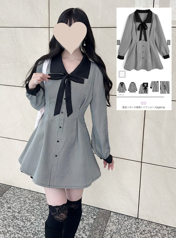 配色リボン千鳥柄ミニワンピース[tg851a] | レディースファッション