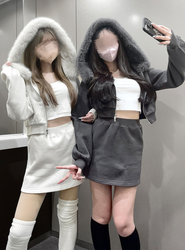 ファーフードジップパーカー×ミニスカートセットアップ[tu935