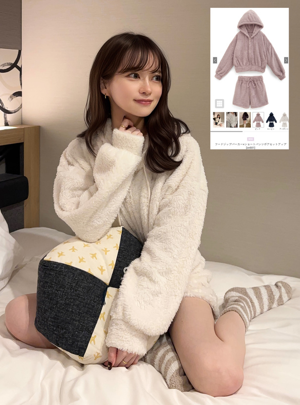 フードジップパーカー×ショートパンツボアセットアップ[ze881