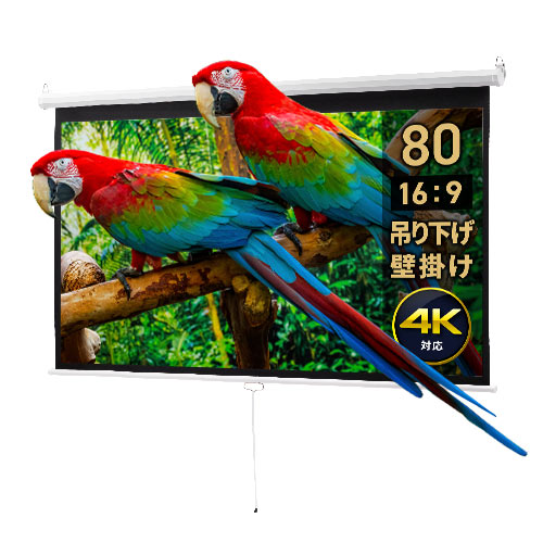 80インチ 吊り下げスクリーン／16:9／4K対応／PET素材で高画質