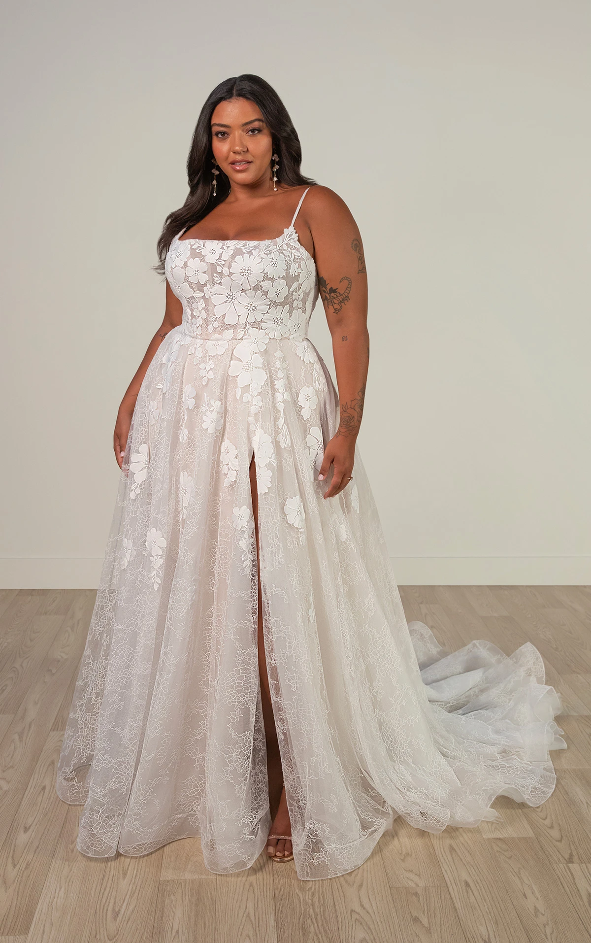 Playful A-Line Wedding Dress with Sheer Floral Lace and Leg Slit