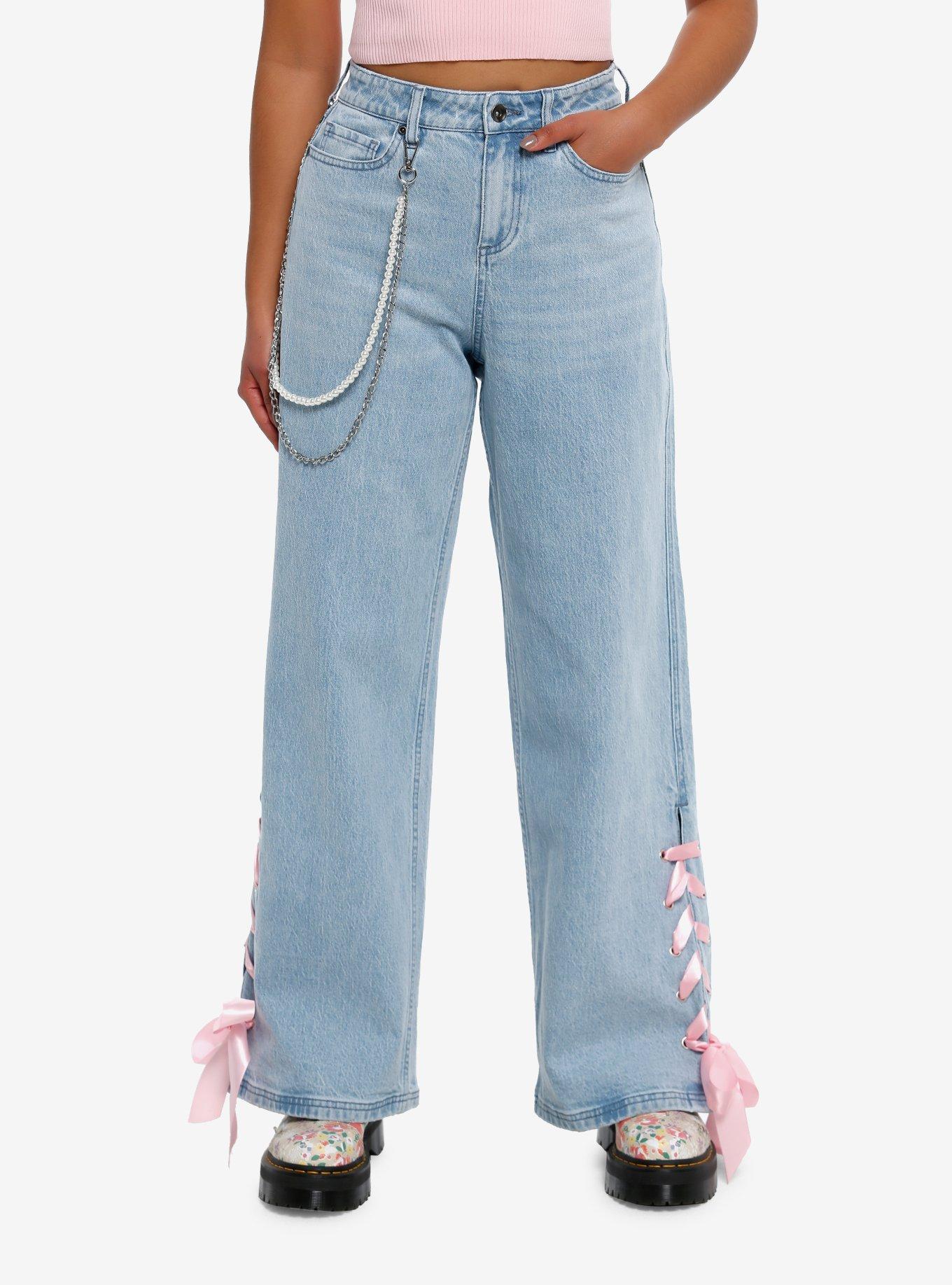 Sweet Society Pink Ribbon Heart Wide Leg Jeans | Hot Topic