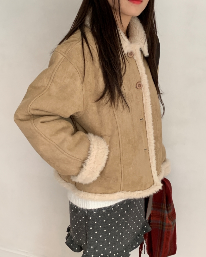 3 color) フェイクファー裏地 スエード ムートンジャケット アウター