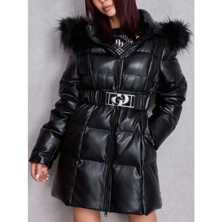 GDベルト付きフェイクレザーロングダウンコート[品番：MKSW0066479