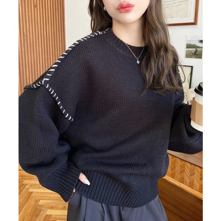 配色ハンドステッチニットプルオーバー3G[品番：ERMW0004074]｜moment+