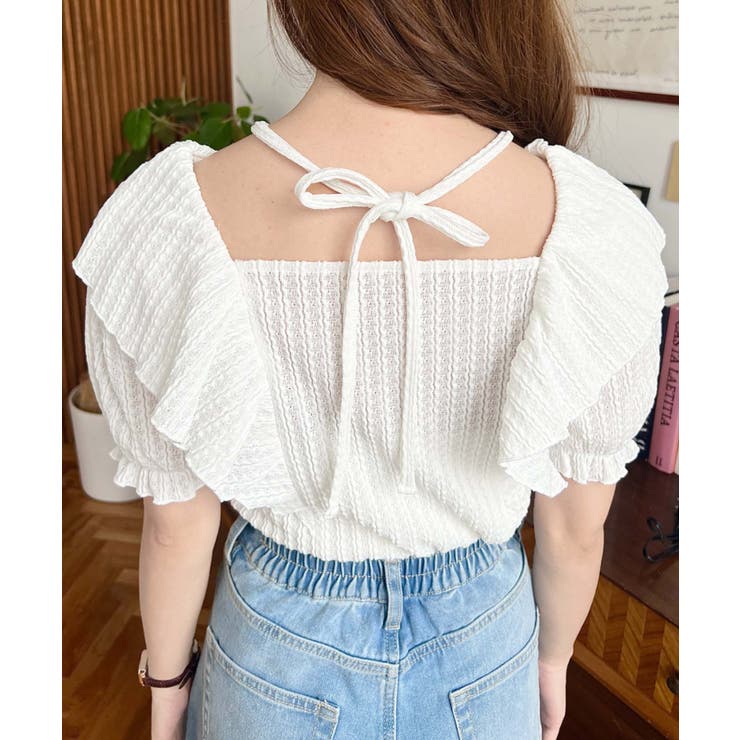 クロスリボンフリルカラー半袖ストライプレースカットソー[品番