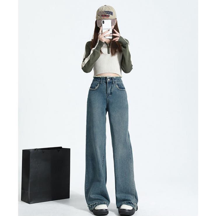 フリンジ デニムパンツ ハイウエスト美脚[品番：II000011756