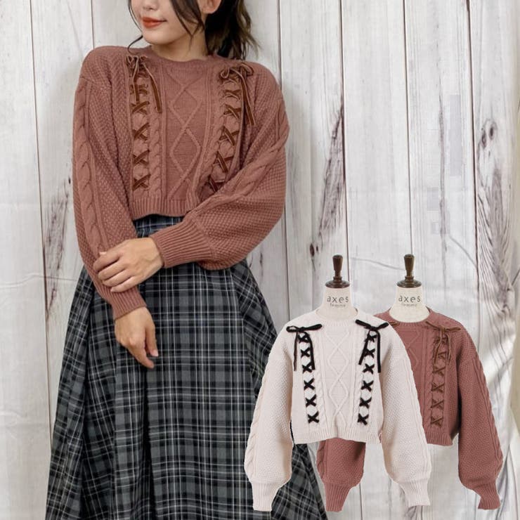 Wレースアップショートニット[品番：IGAW0002796]｜axes femme
