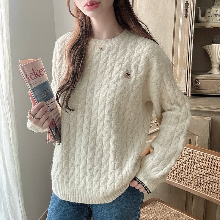 Meiru【着丈が選べる】くま刺繍ケーブルニット[品番：AMTW0011056