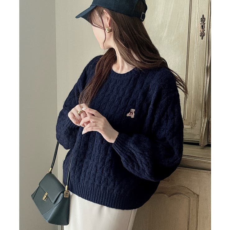 Meiru【着丈が選べる】くま刺繍ケーブルニット[品番：AMTW0011056