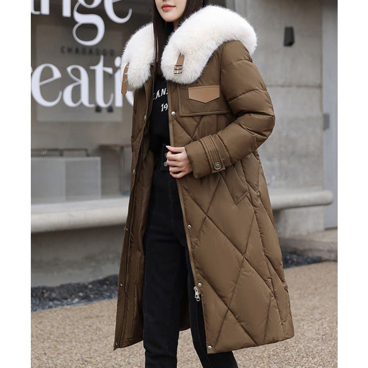 フェイクファーカラー付きベルト調整可能ロングダウンジャケット