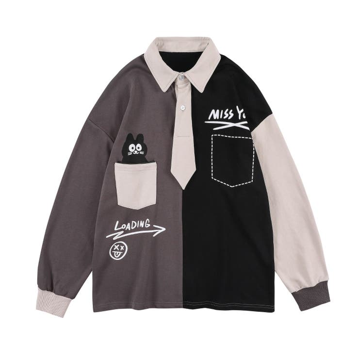 HOOK】アシンメトリー切り替えポロシャツ風スウェット ユニセックス