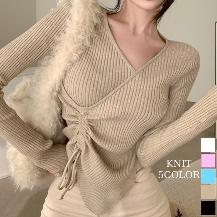 ニット Vネックウエストギャザーリボンニットトップス 韓国