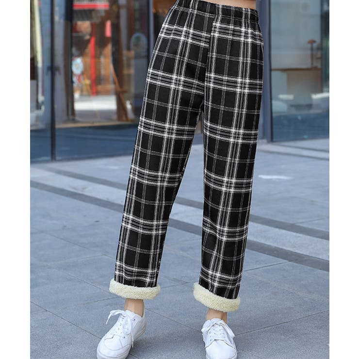 裏起毛チェック柄パンツ 裏ボアパンツ防寒[品番：AGCW0005967