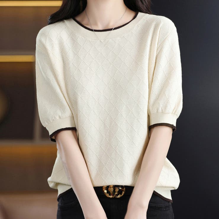 パイピング サマーニット レディース半袖[品番：AGCW0004636