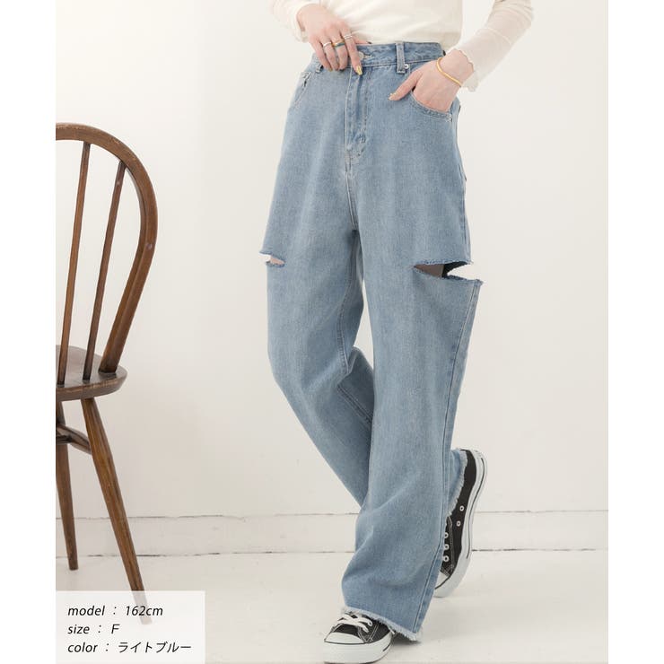 裾フリンジ・後ろゴム サイドカット ワイドデニム[品番：ADEW0003989