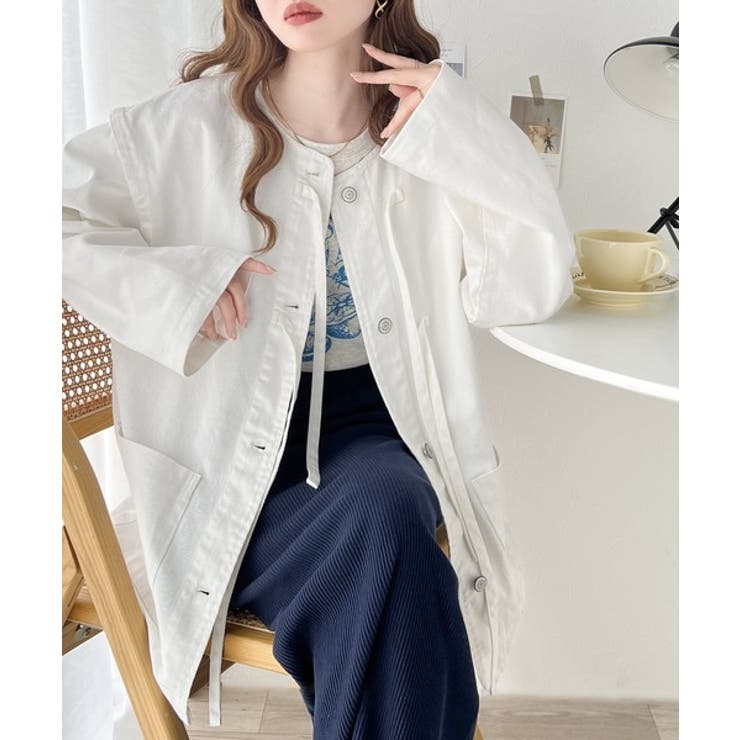 甘さを加えた大人カジュアルアウター。綿100%ドッキング風リボンデニム