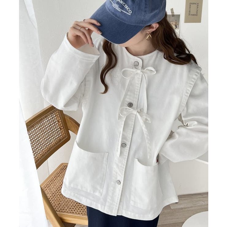 甘さを加えた大人カジュアルアウター。綿100%ドッキング風リボンデニム