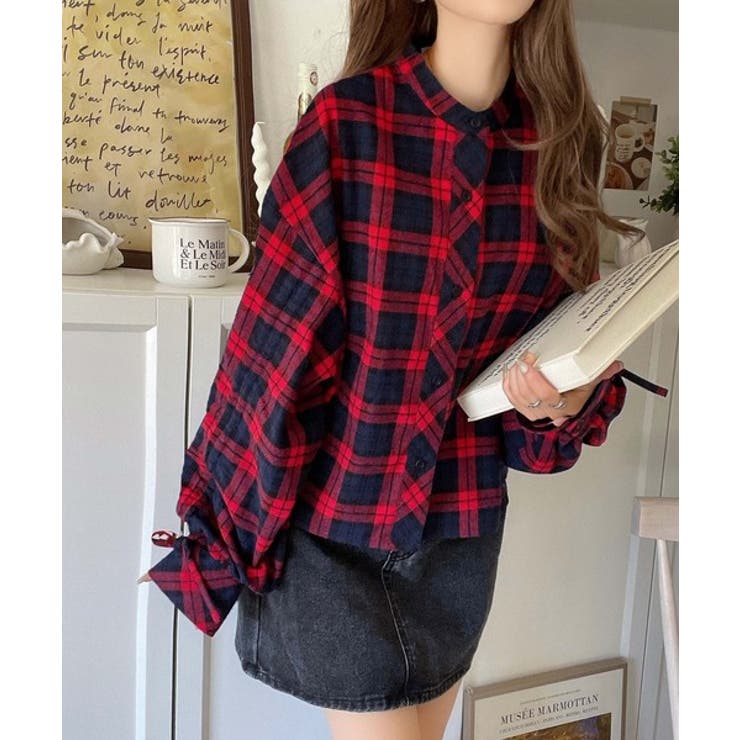 可愛さ溢れる！袖ギャザー＆リボンデザイン起毛素材チェック柄バンド