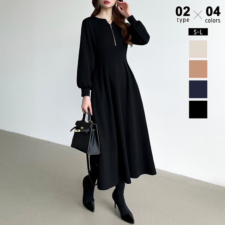 前後2wayで楽しめる ウエストタックワンピース ハーフジップワンピース