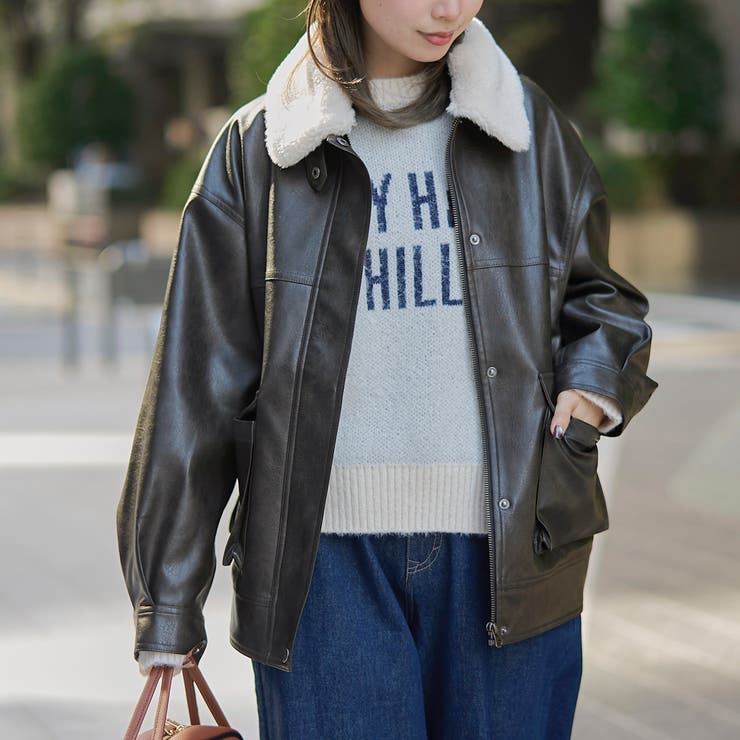 ボア襟付きレザーライクヴィンテージブルゾン[品番：COEW0007631