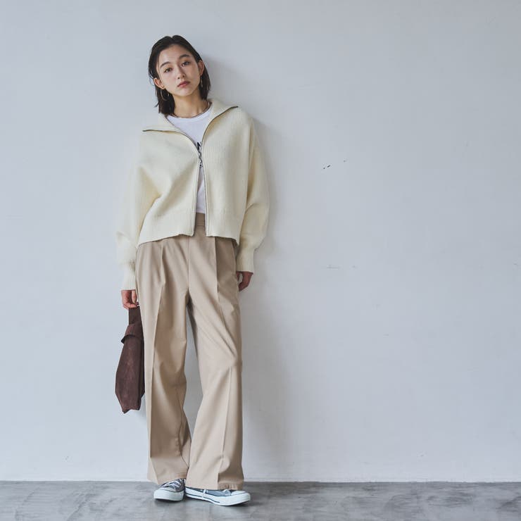 DESCENTE フルジップニットジャケット ホワイト/ベージュ 畦編み